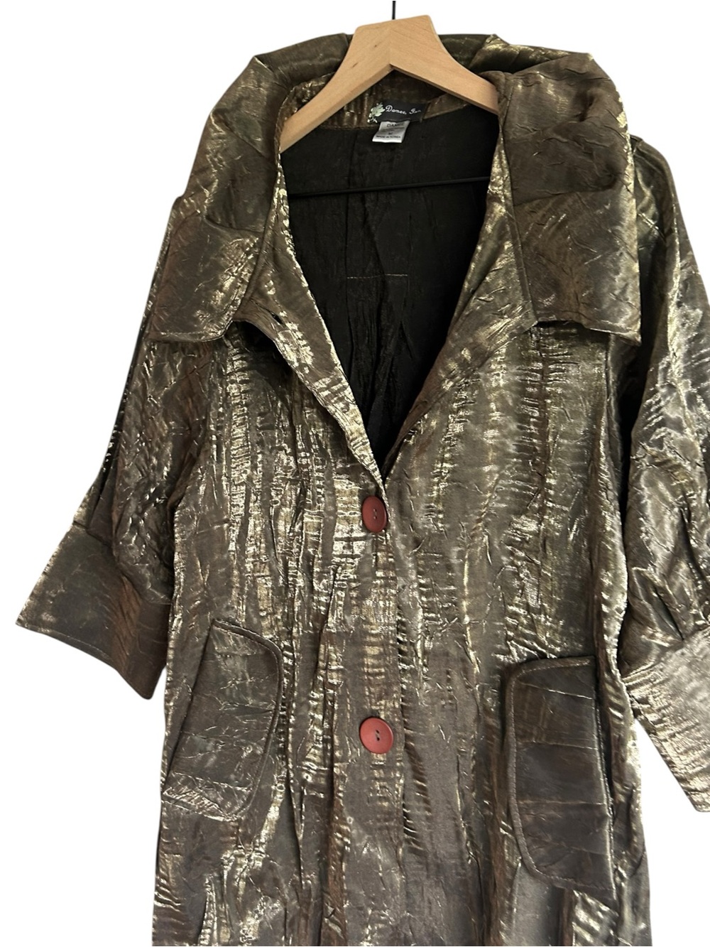 Damee Bronze Gold Ruffle Neck Swing Jacket Size Medium - Picture 3 of 6